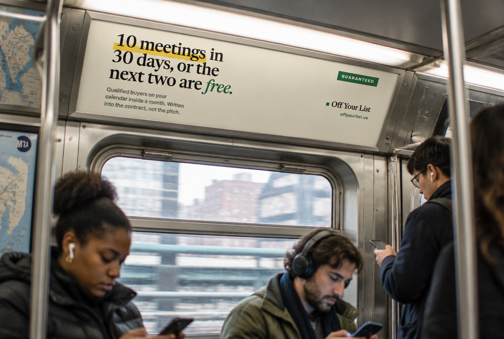 Off Your List car card mocked up inside a New York subway carriage